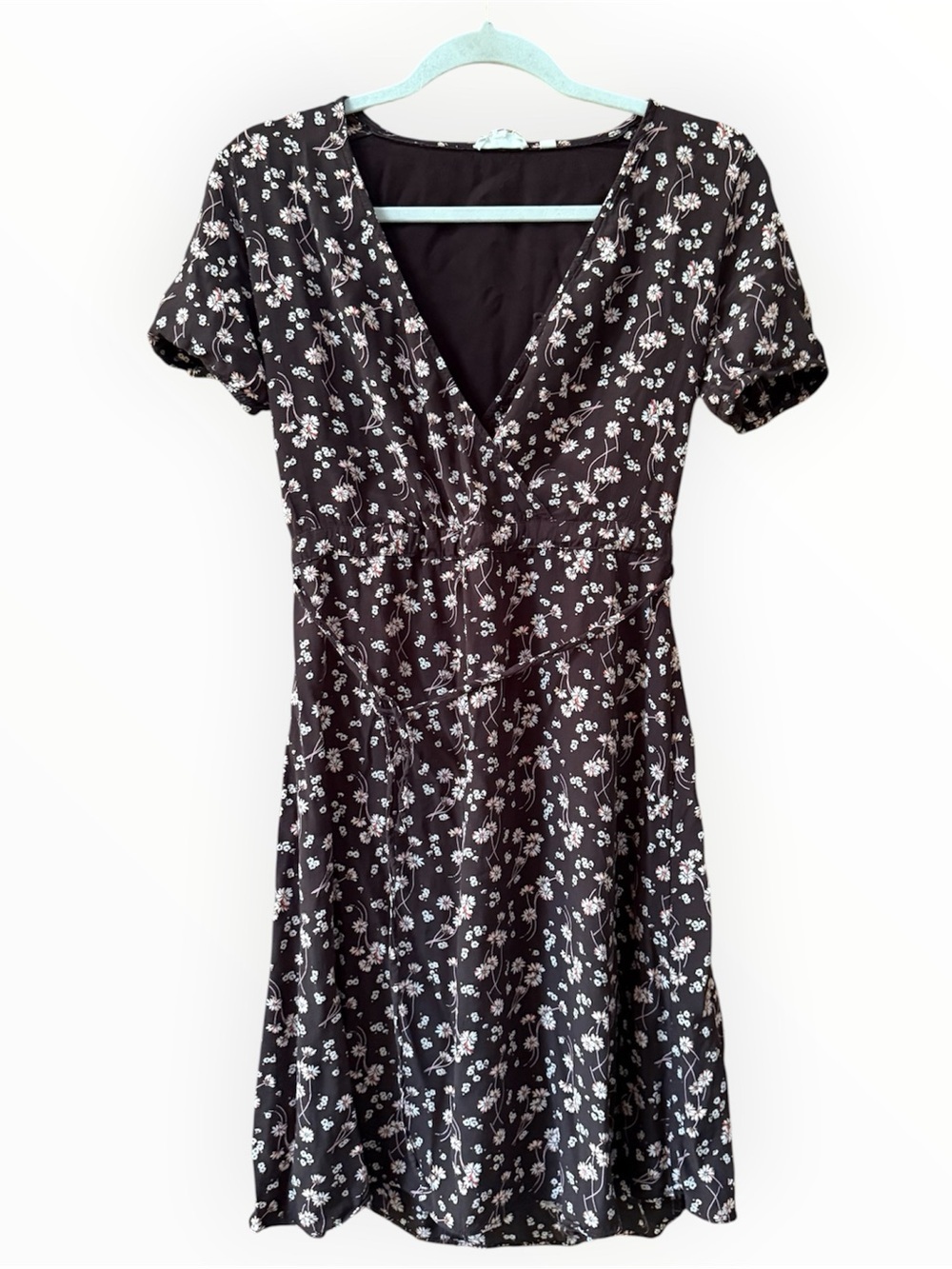 Fat face Floral V-Neck Black Dress with Short Sleeves faux wrap dress size 2